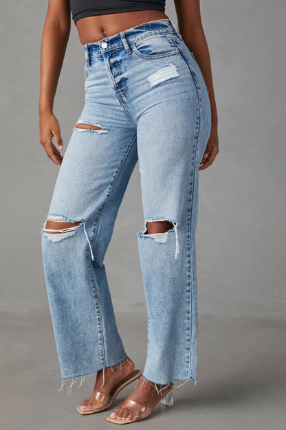 Ripped Raw Hem High Waist Jean