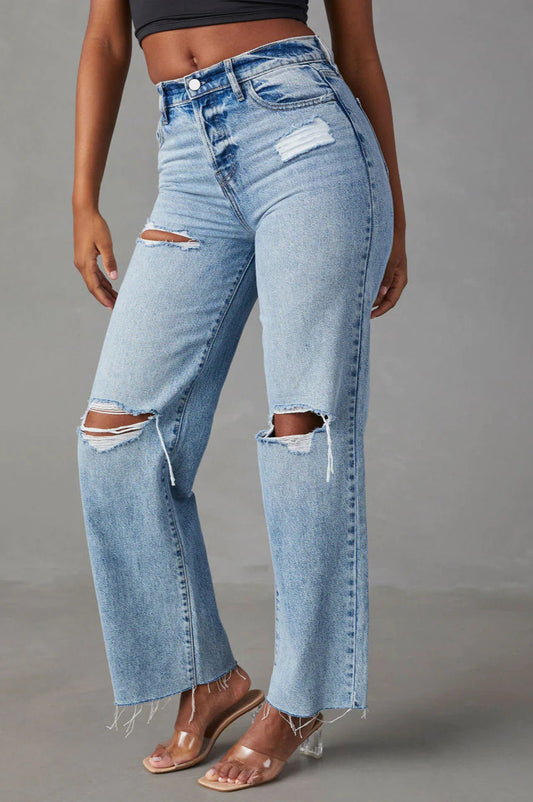 Ripped Raw Hem High Waist Jean