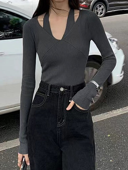 Solid V Neck Halter Long Sleeve Knit