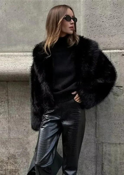 Luxe Faux Fur Polo Collar Jacket - Black