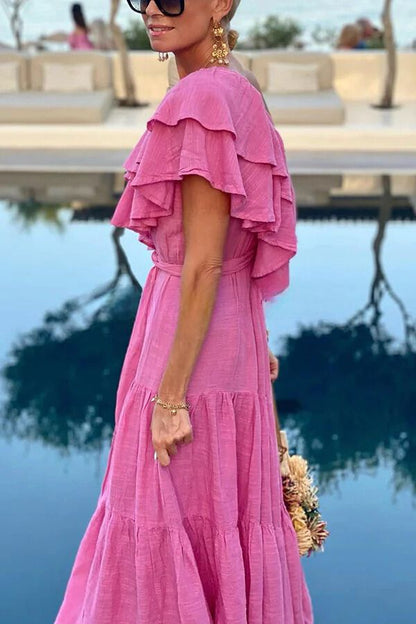 Cotton Blend Ruffle One Shoulder Belt Maxi Dress