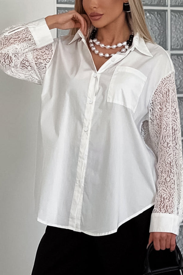 Fashionable Openwork Lace Patchwork Long-sleeved Loose Shirt