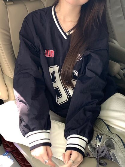 Number Print V Neck Thin Sweatshirt