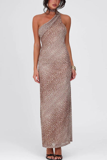 Slant-shoulder Leopard Print Halter Back Maxi Dress