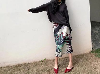 Vintage Floral Print Pleated Midi High Waist Slit A-Line Skirt