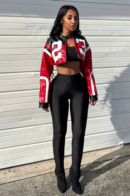 Color-Block Embroidered Slim Faux Leather Jacket