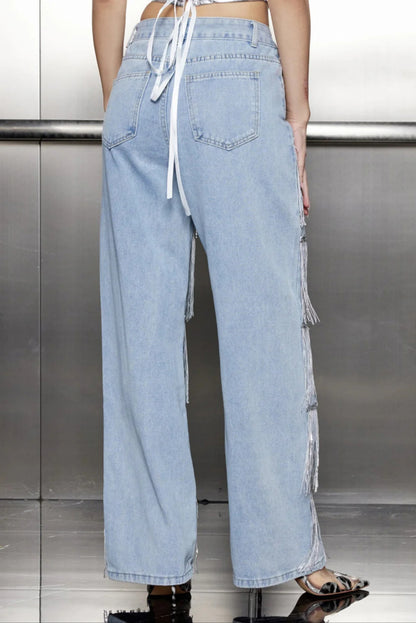 Stylish High-waisted Pocket Tassel Casual Straight Leg Jeans