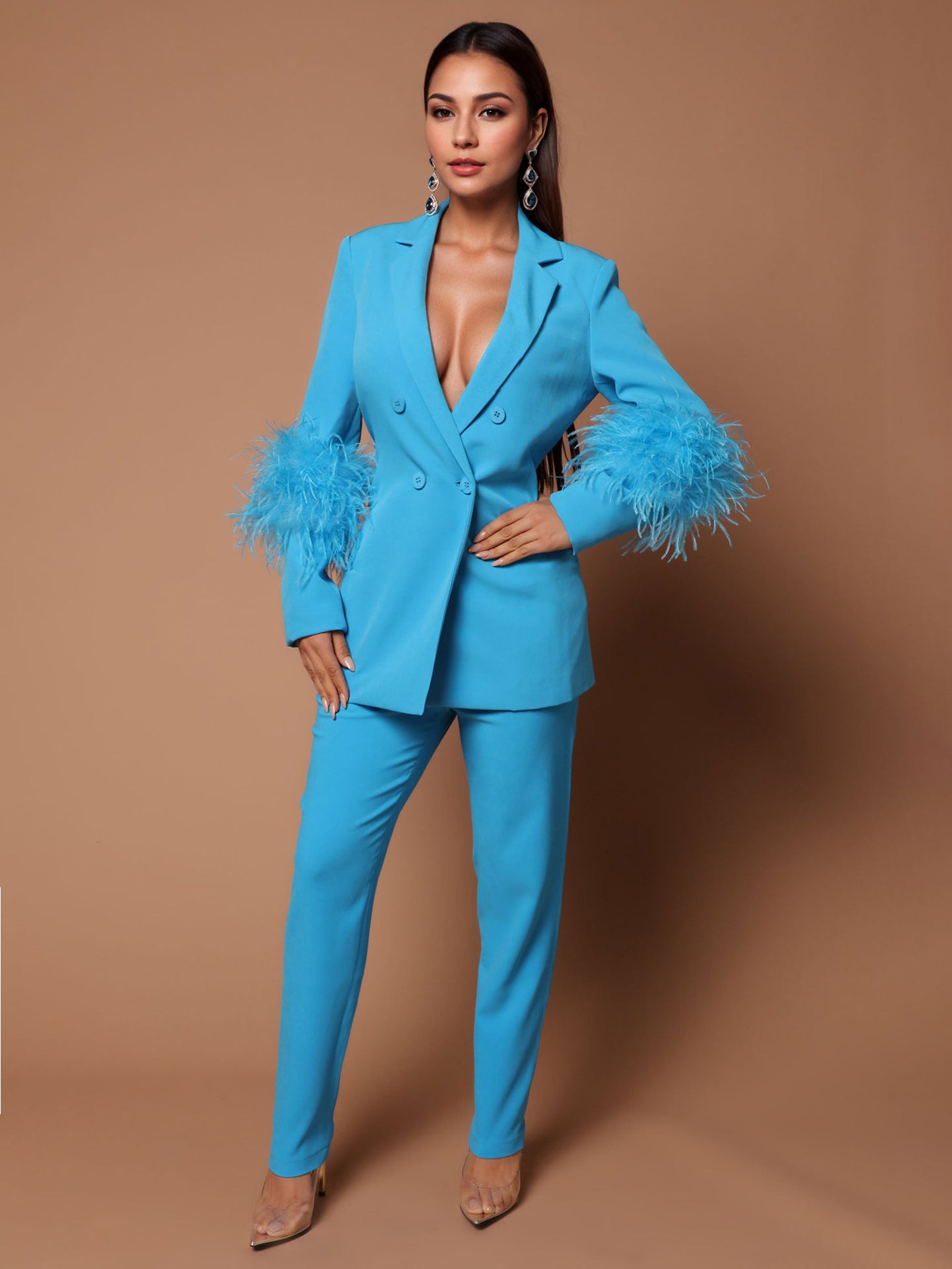 Pant Set Lapel Deep V-Neck Feathers Sexy Women Suits