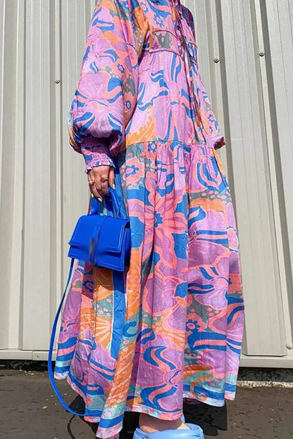 Bohemian Floral Print Tie Lantern Sleeve A-Line Pleated Holiday Deach Dress