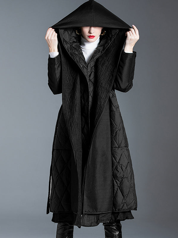 Black Down Coat Hooded Belted Long Winter Outerwear For Women