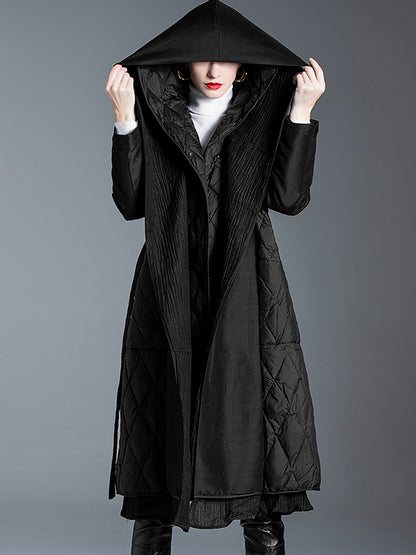 Black Down Coat Hooded Belted Long Winter Outerwear For Women