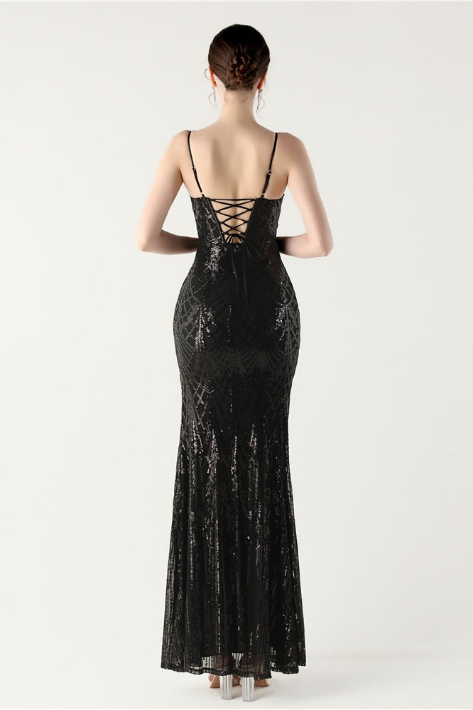 Sequin V Neck Cross Strap Mermaid Maxi Dress