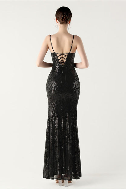 Sequin V Neck Cross Strap Mermaid Maxi Dress