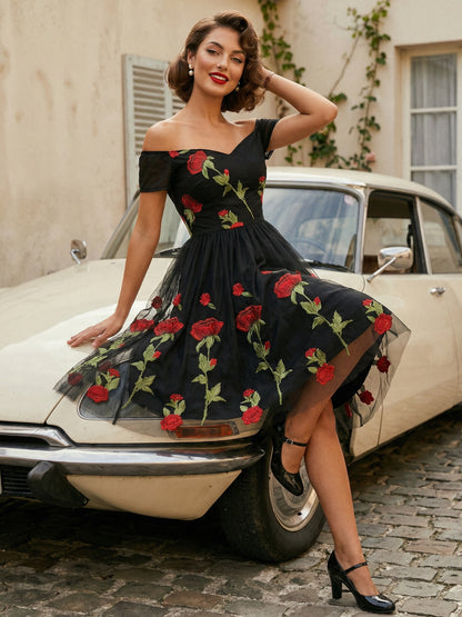 Rose Embroidered Vintage Midi Swing Dress for Women - 1950s Off Shoulder Style A-Line - Summer Tea Party 2026