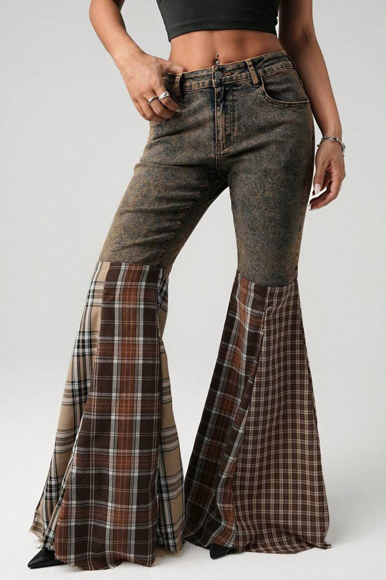 Plaid Patch High Waist Flare Jean