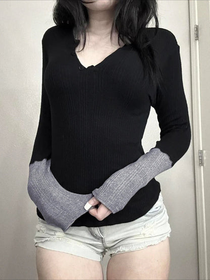 Patchwork Knitted Slim O-Neck Long Sleeve Knit Top
