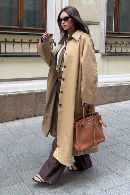 Minimalist Extra-Long Cotton Single-Breasted Lapel Overcoat
