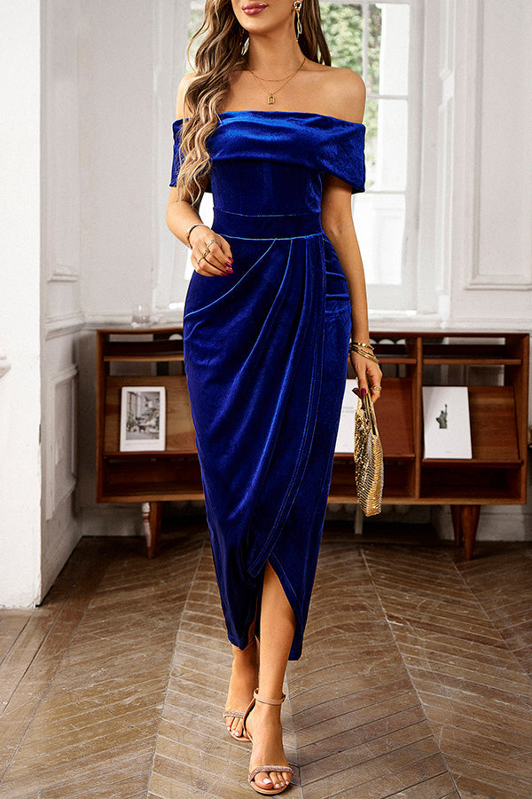 Solid Color Velvet Off-shoulder Slim-fit Elegant Slit Midi Dress