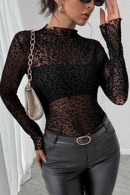 Turtleneck Slim-Fit Mesh Long-Sleeve Blouse