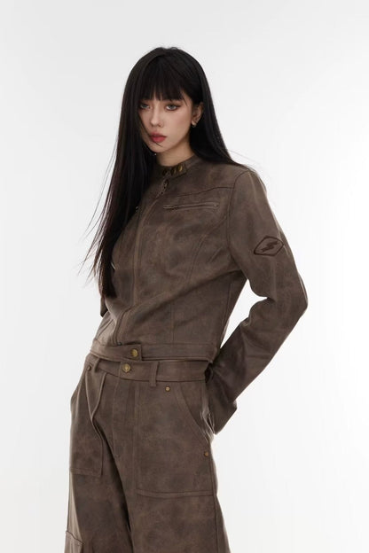 Cropped Tie-Dye Stand Collar Jacket