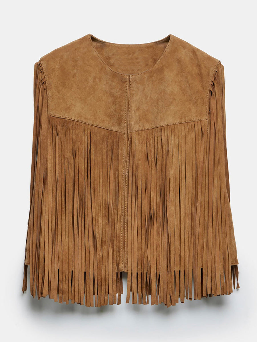 Western Cowgirl Fringe Vest Crew Neck Bohemian Spring Suede Jacket For Women 2026