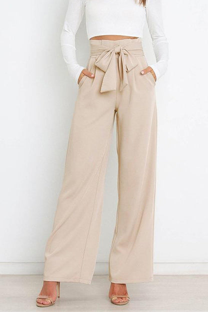 Casual fashion all-match wide-leg pants tie-up bow trousers
