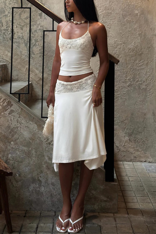 Solid Color Patchwork Lace Halter Neck Fitted Top and Elegant Knee-length Skirt Set