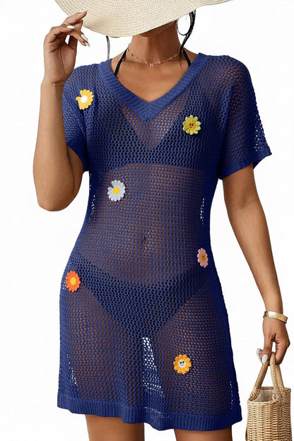 Floral-decorated V-neck Short-sleeved Crochet Cover-up Vacation Mini Dress