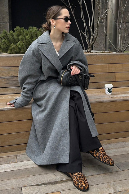 Extra-Long Wool Tie-Waist Loose Overcoat
