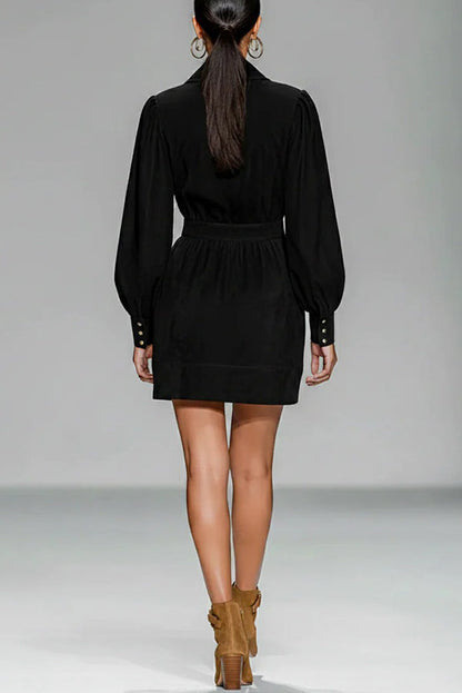 Fashionable Embroidered Floral Pattern Long-sleeved Fitted Waist Mini Dress
