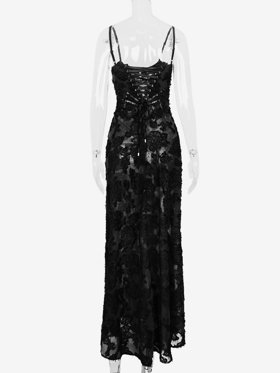 Trumpet Dress Spaghetti Straps Lace-up Floral Embroidery Prom Maxi Dresses