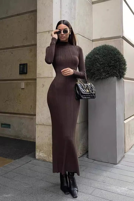 Elegant High Neck Striped Sweater Dress