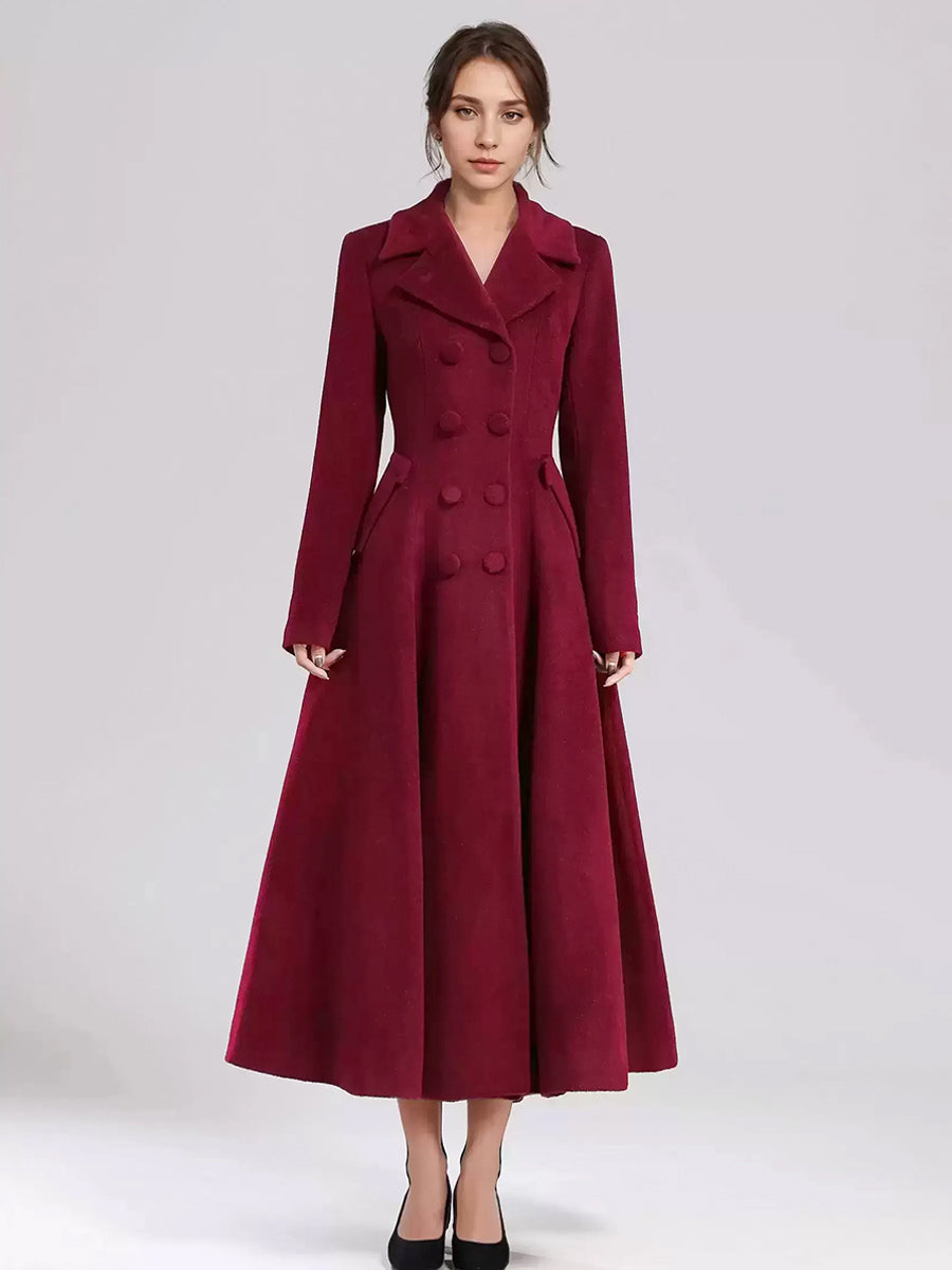 Wool Blend Flared Coat For Women Dark Navy Double-breasted Wide Lapel A-line Winter Outerwear 2026