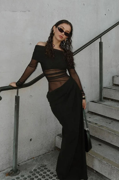 Off Shoulder Sheer Mesh Long Sleeve Ruched Bodice Draped Waist Panel Maxi Dress