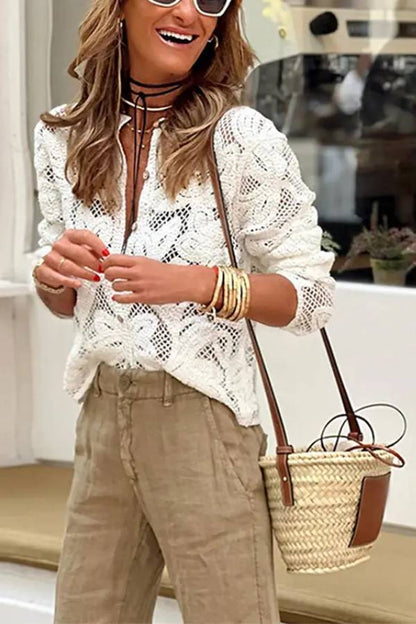 Fashion Knitted Hollow Crochet Lace Long Sleeve Shirt Top
