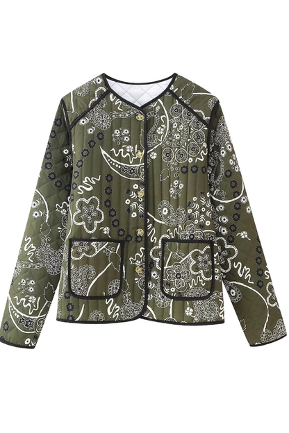 Retro Print Pockets Loose Round Neck Jacket