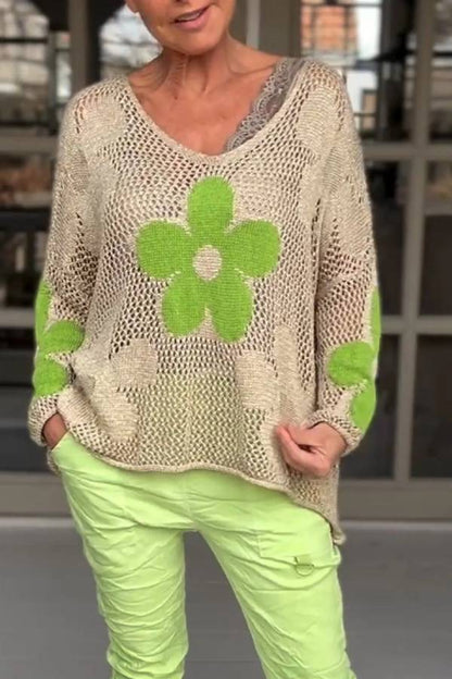 Floral Knitted Hollow V-neck Shirt Floral Mesh Sweater