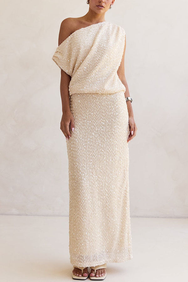 Milla Knit Sequin High Rise Side Zipper Slit Straight Maxi Skirt