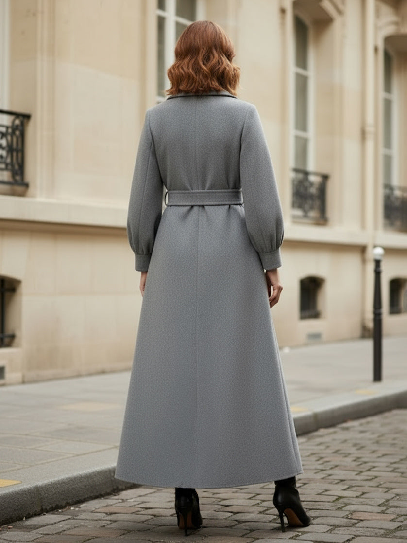Belted Double-Breasted Woolen Full-Length Coat With Balloon Sleeves For Women 2026