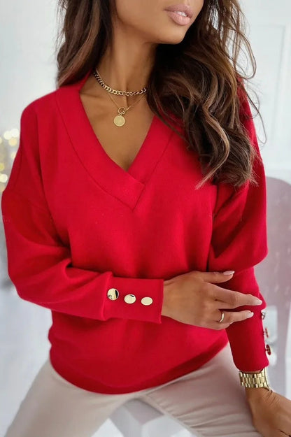 V-Neck Button Knit Pullover Sweater