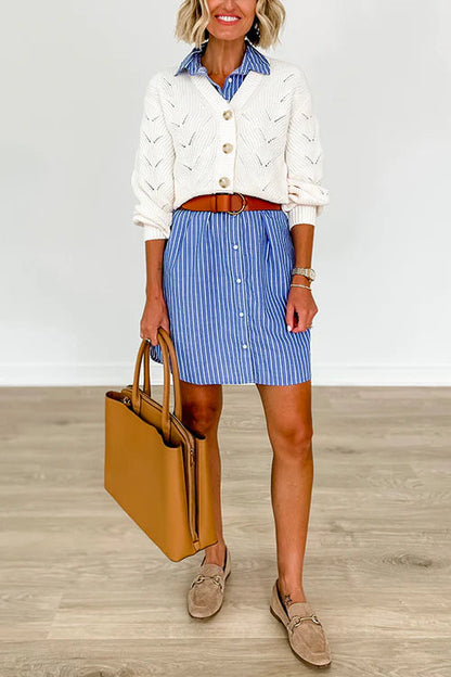 Down Short Sleeves Striped Shirt Dress