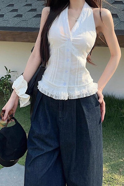 White Lace Trim V Neck Halter Waist Tie Tank Top