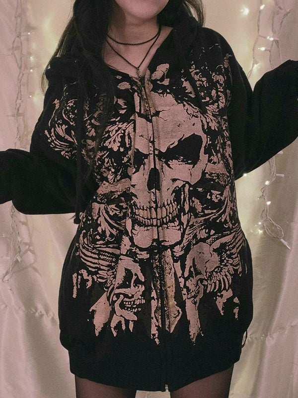 Black Vintage Skull Print Zip Up Oversized Hoodie