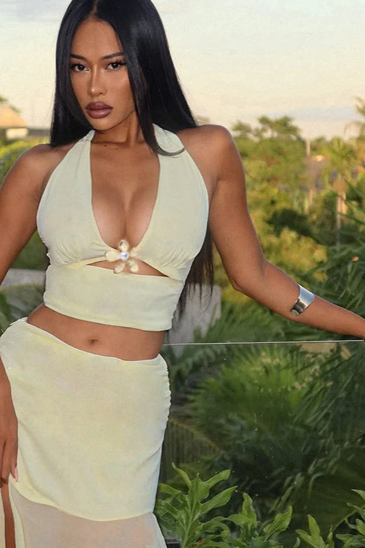 Metallic Floral Halter Crop Set Maxi Dress