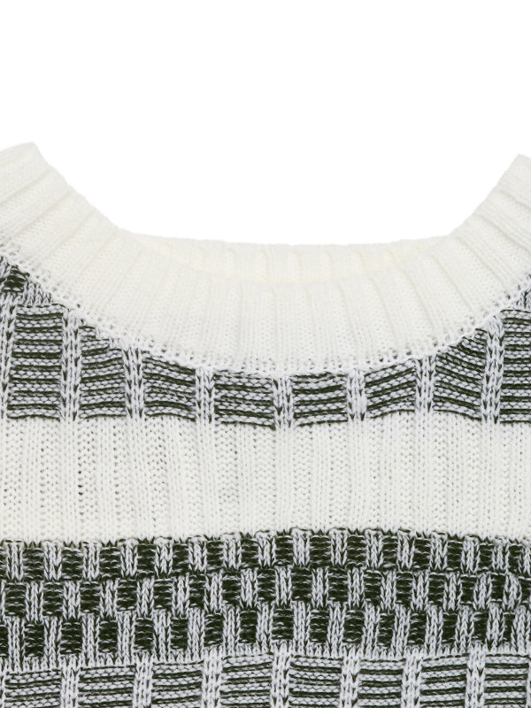 Women Pullover Sweater Hunter Green Two-Tone Jewel Neck Long Sleeves Layered Acrylic Sweaters