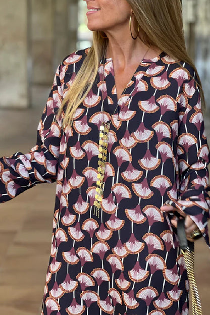 Women's Fashion Printed V Neck Long Sleeve Maxi Dress