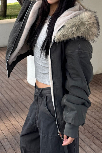 Black Short Puffer Fur Collar Jacket