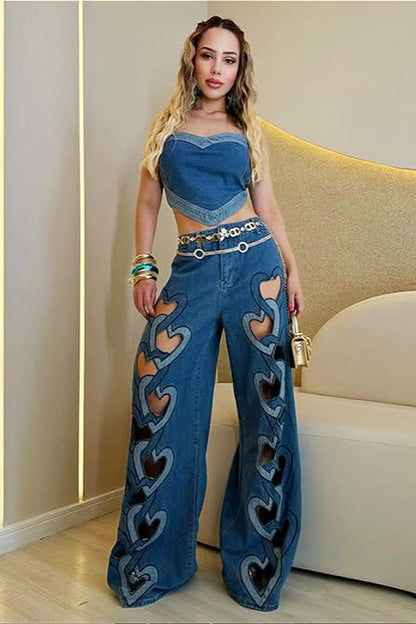 Y2K Heart Print Hollow-Out High-Waist Fashion Jeans