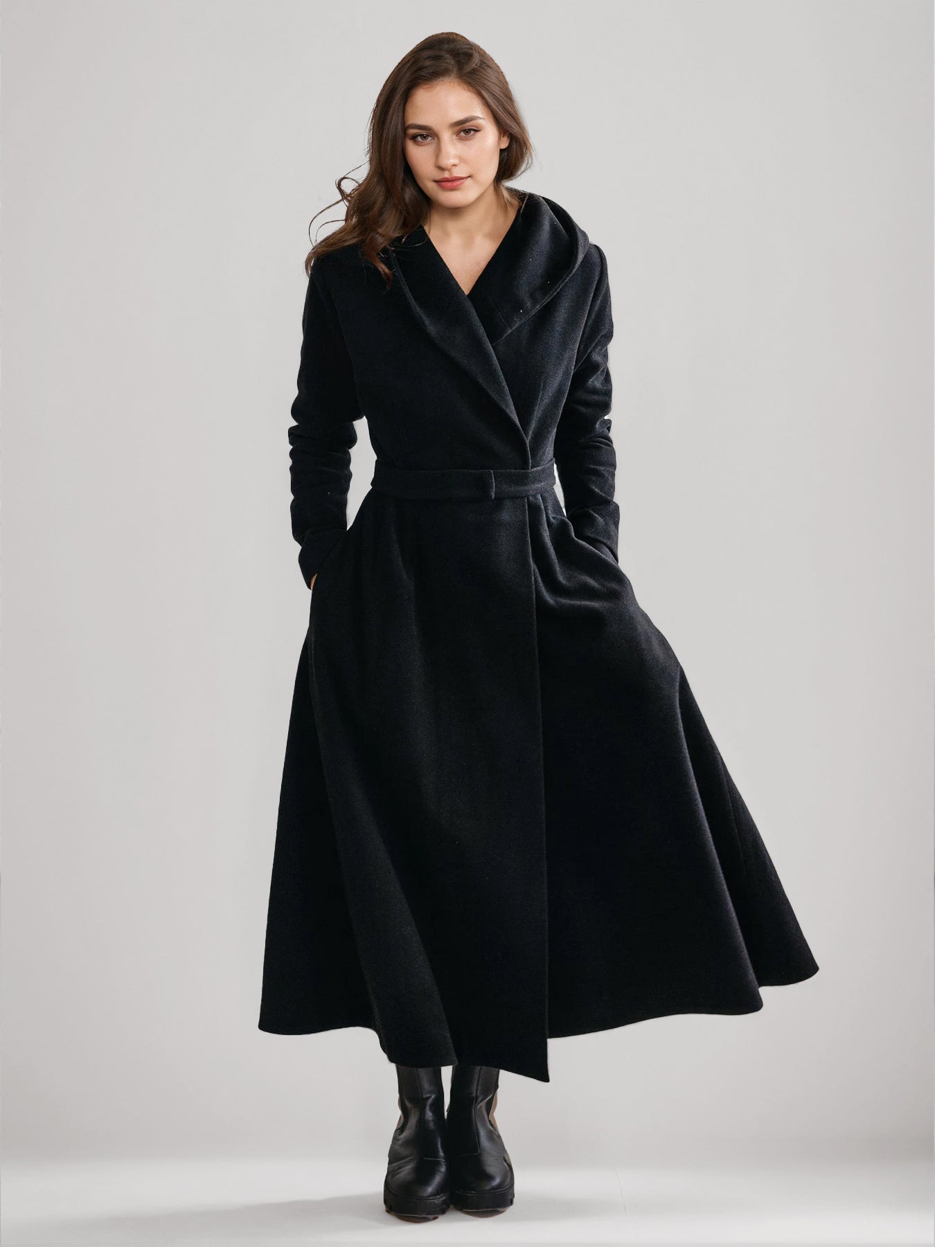 Woolen Flared Coat With Hood Vintage Belted A-line Winter Long Outerwear For Women 2026