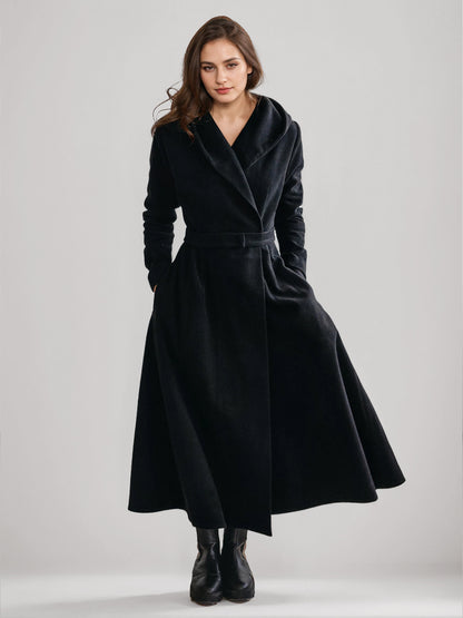 Woolen Flared Coat With Hood Vintage Belted A-line Winter Long Outerwear For Women 2026